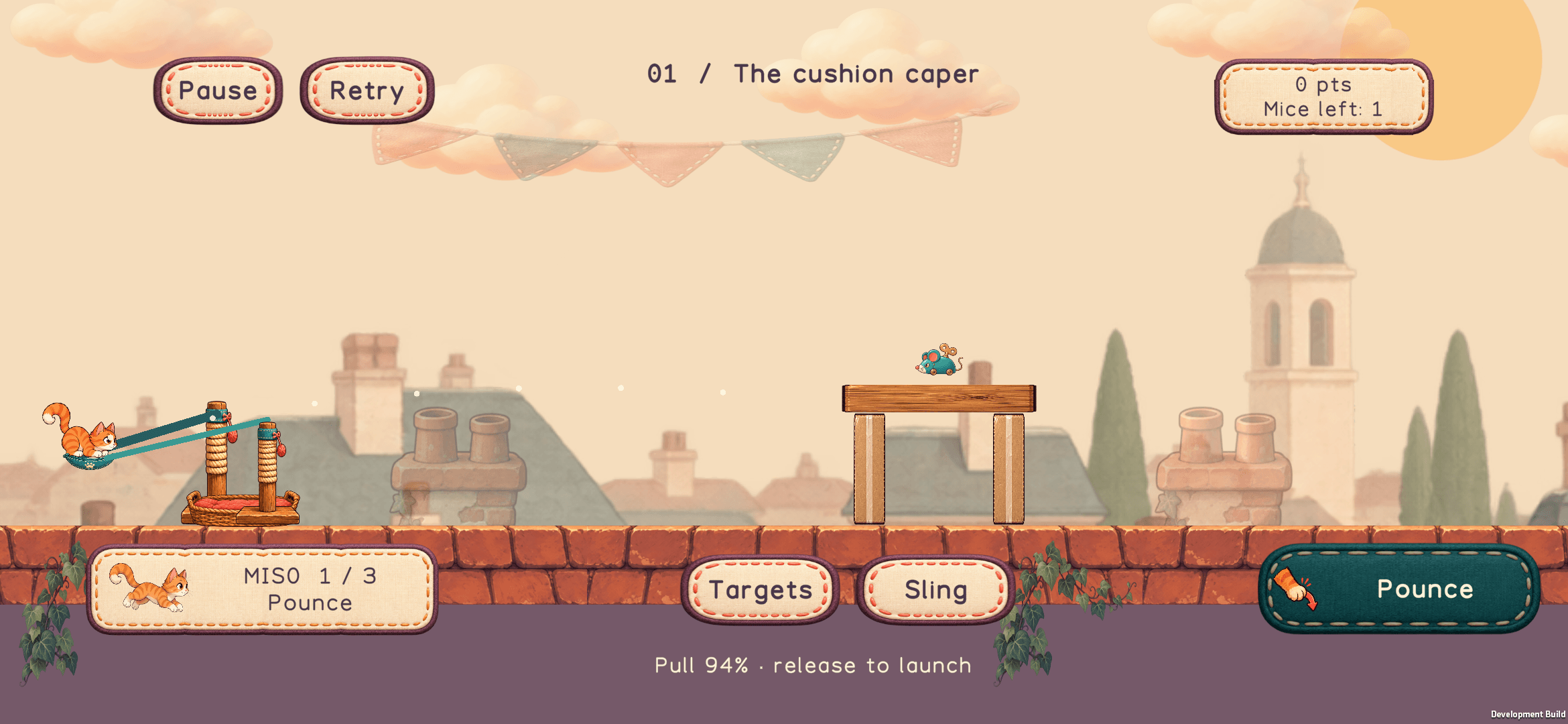 Miso pulled back in the fabric sling, with a dotted trajectory toward a wind-up mouse on Rooftop Row.