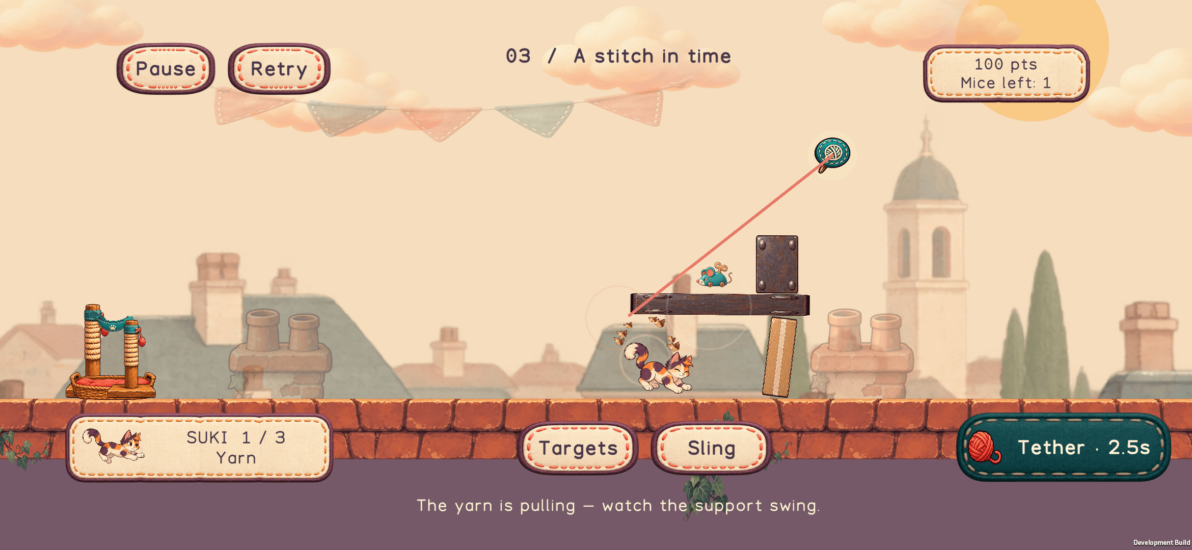 Suki’s yarn tether changing the fall of a toy structure in actual gameplay.